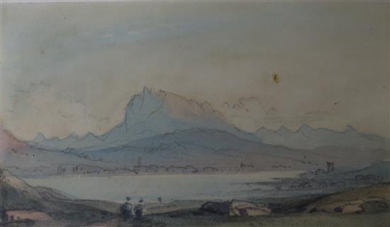 John Varley (1778-1842) Travellers beside a lake near Mount Ararat 2.5 x 4.5in.